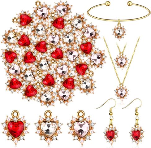 48 Pcs Heart Rhinestone Charms Alloy Valentine Heart Charms Pendants for Jewelry Making Crystal Dangle for Valentines DIY Crafts(Red, Rose Gold, Hot Pink,16 mm) in Kuwait