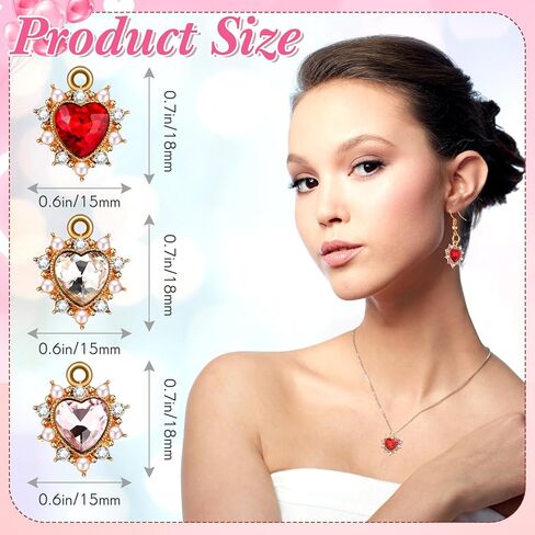 48 Pcs Heart Rhinestone Charms Alloy Valentine Heart Charms Pendants for Jewelry Making Crystal Dangle for Valentines DIY Crafts(Red, Rose Gold, Hot Pink,16 mm) in Kuwait