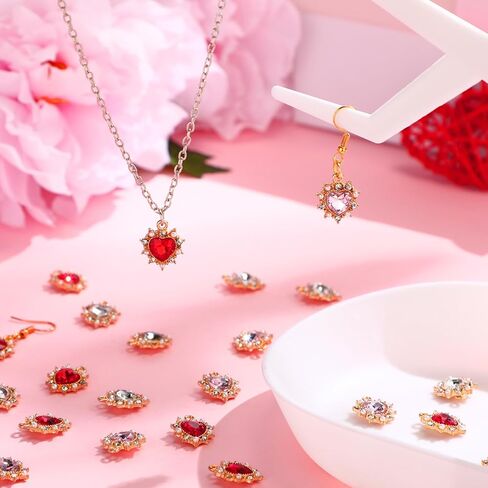 48 Pcs Heart Rhinestone Charms Alloy Valentine Heart Charms Pendants for Jewelry Making Crystal Dangle for Valentines DIY Crafts(Red, Rose Gold, Hot Pink,16 mm) in Kuwait