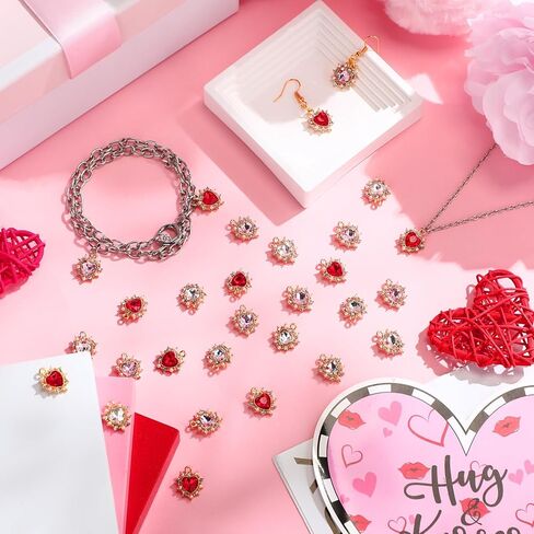 48 Pcs Heart Rhinestone Charms Alloy Valentine Heart Charms Pendants for Jewelry Making Crystal Dangle for Valentines DIY Crafts(Red, Rose Gold, Hot Pink,16 mm) in Kuwait