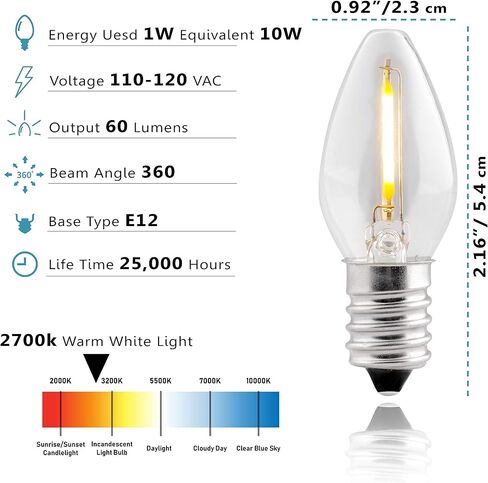 LED Night Light Bulb – C7 E12 LED Bulbs – Candelabra Light Bulbs, 1 Watt Equivalent 10W Incandescent Bulb, Warm White 2700K, Window Candles & Chandeliers Replacement Bulb, 8 Pack in Kuwait