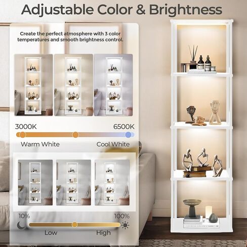 Tall Display Shelf Floor Lamp, Dimmable LED lamp with 3 Color Temperatures, Sturdy Glass Curio Cabinet Bookcase with Remote Control, Floor Lamp with Shelves for Living Room Decor, Collectibles (Black) in Saudi Arabia