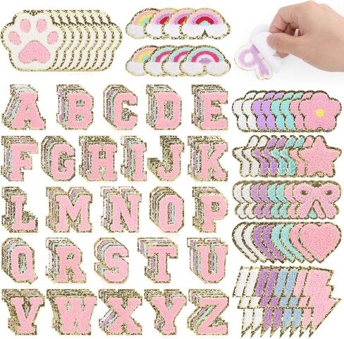 160 Pcs Chenille Embroidered Patches - Self Adhesive 104 A-Z Varsity Letters (4 Each) & 56 Glitter Shapes Iron-On Fabric Stickers for DIY Clothing Repair, Hats, Backpacks, Jackets, Bags in Saudi Arabia