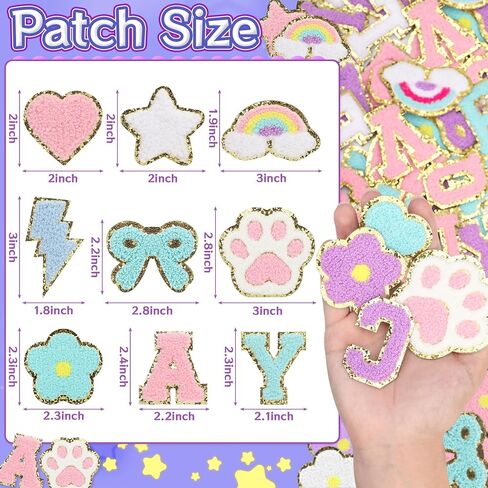 160 Pcs Chenille Embroidered Patches - Self Adhesive 104 A-Z Varsity Letters (4 Each) & 56 Glitter Shapes Iron-On Fabric Stickers for DIY Clothing Repair, Hats, Backpacks, Jackets, Bags in Saudi Arabia