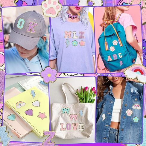 160 Pcs Chenille Embroidered Patches - Self Adhesive 104 A-Z Varsity Letters (4 Each) & 56 Glitter Shapes Iron-On Fabric Stickers for DIY Clothing Repair, Hats, Backpacks, Jackets, Bags in Saudi Arabia