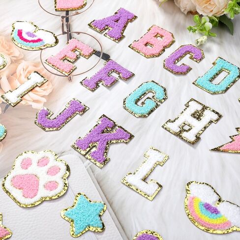 160 Pcs Chenille Embroidered Patches - Self Adhesive 104 A-Z Varsity Letters (4 Each) & 56 Glitter Shapes Iron-On Fabric Stickers for DIY Clothing Repair, Hats, Backpacks, Jackets, Bags in Saudi Arabia