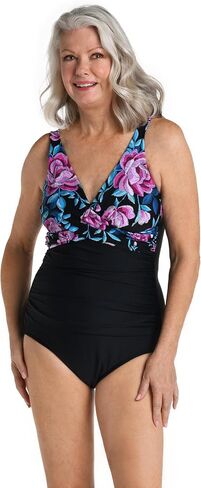 Maxine of Hollywood Women's Standard V-Neck Drape Front Mio One Piece Swimsuit, Multi//Glowing Lotus in Kuwait