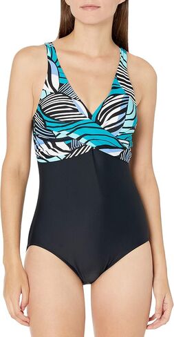 Maxine of Hollywood Women's Standard V-Neck Drape Front Mio One Piece Swimsuit, Multi//Glowing Lotus in Kuwait