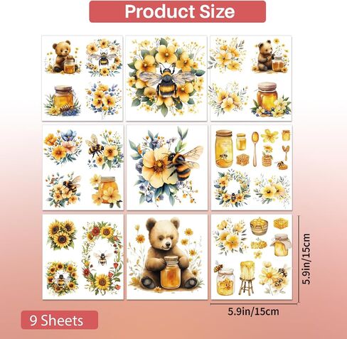 Pligreat 9 Sheets فرك على التحويلات للحرف اليدوية ، فرك النحل العسل على ملصقات النقل دب شارات أثاث الزهور لخشب الخشب خزانة الزجاج الخزف ديكور ديكور المنزل ، 5.9 "× 5.9" in Kuwait