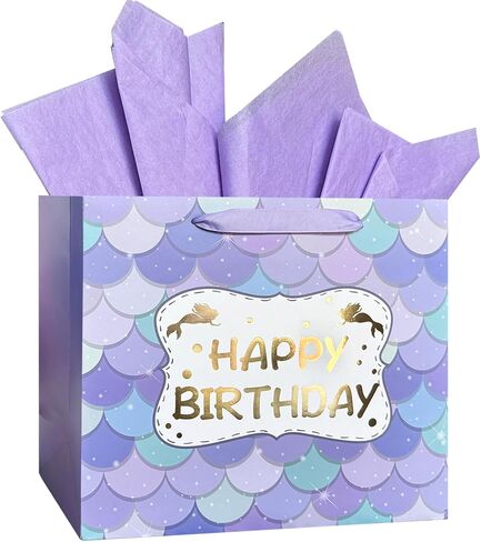 AMROSE 13'' Large Birthday Gift Bag for Girls, Recyclable Paper Gift Bag with Tissue Paper for Girls Birthday Party, Kids' Parties, Baby Shower, Mermaid in Saudi Arabia
