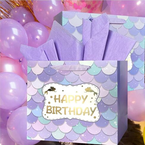 AMROSE 13'' Large Birthday Gift Bag for Girls, Recyclable Paper Gift Bag with Tissue Paper for Girls Birthday Party, Kids' Parties, Baby Shower, Mermaid in Saudi Arabia