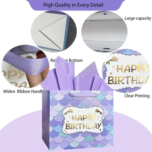 AMROSE 13'' Large Birthday Gift Bag for Girls, Recyclable Paper Gift Bag with Tissue Paper for Girls Birthday Party, Kids' Parties, Baby Shower, Mermaid in Saudi Arabia