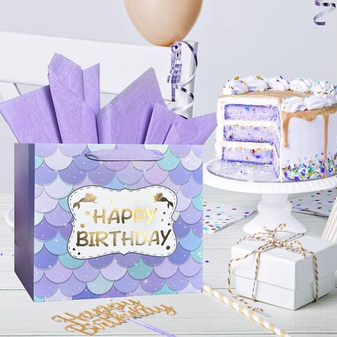 AMROSE 13'' Large Birthday Gift Bag for Girls, Recyclable Paper Gift Bag with Tissue Paper for Girls Birthday Party, Kids' Parties, Baby Shower, Mermaid in Saudi Arabia