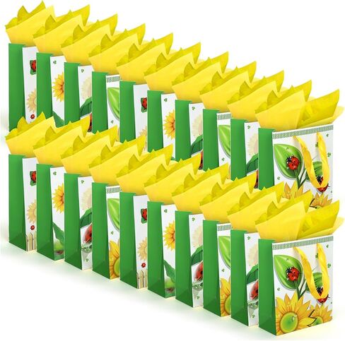 RACHELLE'S Paper Gift Bags with Tissue Paper (4 Pack) - 9"x7" Yellow Flower/Ladybugs Design with Handles - Ideal for Easter Celebrations & Egg Hunts, Treats, and Surprises in Kuwait