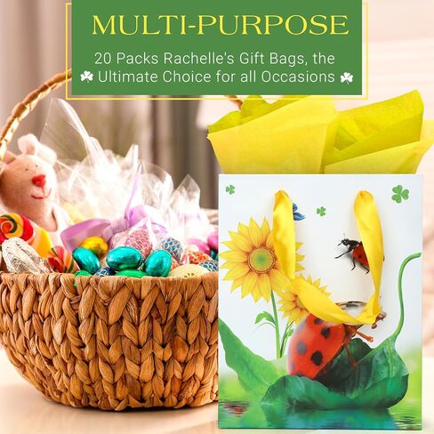 RACHELLE'S Paper Gift Bags with Tissue Paper (4 Pack) - 9"x7" Yellow Flower/Ladybugs Design with Handles - Ideal for Easter Celebrations & Egg Hunts, Treats, and Surprises in Kuwait