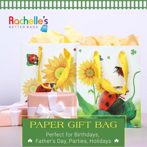 RACHELLE'S Paper Gift Bags with Tissue Paper (4 Pack) - 9"x7" Yellow Flower/Ladybugs Design with Handles - Ideal for Easter Celebrations & Egg Hunts, Treats, and Surprises in Kuwait
