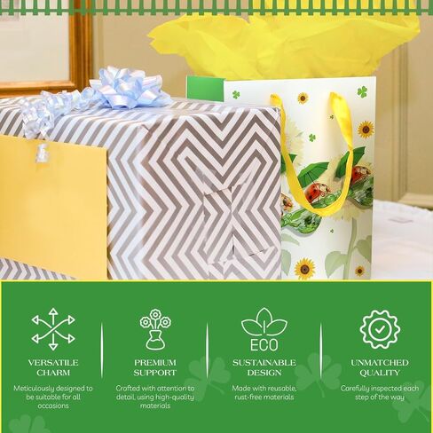 RACHELLE'S Paper Gift Bags with Tissue Paper (4 Pack) - 9"x7" Yellow Flower/Ladybugs Design with Handles - Ideal for Easter Celebrations & Egg Hunts, Treats, and Surprises in Kuwait