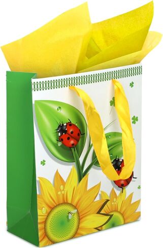 RACHELLE'S Paper Gift Bags with Tissue Paper (4 Pack) - 9"x7" Yellow Flower/Ladybugs Design with Handles - Ideal for Easter Celebrations & Egg Hunts, Treats, and Surprises in Kuwait