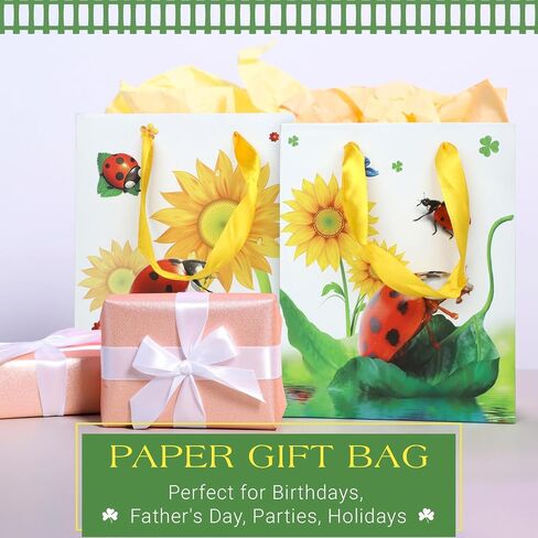 RACHELLE'S Paper Gift Bags with Tissue Paper (4 Pack) - 9"x7" Yellow Flower/Ladybugs Design with Handles - Ideal for Easter Celebrations & Egg Hunts, Treats, and Surprises in Kuwait