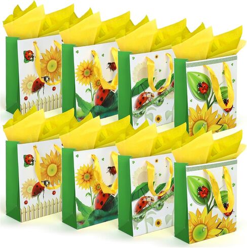 RACHELLE'S Paper Gift Bags with Tissue Paper (4 Pack) - 9"x7" Yellow Flower/Ladybugs Design with Handles - Ideal for Easter Celebrations & Egg Hunts, Treats, and Surprises in Kuwait