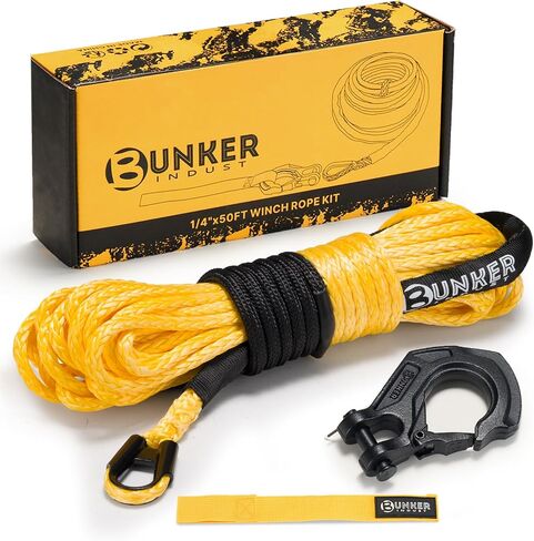 Bunker INDUST طقم حبل ونش صناعي مقاس 1/4 بوصة × 50 بوصة، خط ونش 11023 رطل مع كم واقي + خطاف ونش مزورة + حزام، استبدال كابل ونش نايلون لـ 3500-6000 رطل ونش على الطرق الوعرة ATV UTV in Kuwait