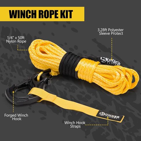 Bunker INDUST طقم حبل ونش صناعي مقاس 1/4 بوصة × 50 بوصة، خط ونش 11023 رطل مع كم واقي + خطاف ونش مزورة + حزام، استبدال كابل ونش نايلون لـ 3500-6000 رطل ونش على الطرق الوعرة ATV UTV in Kuwait