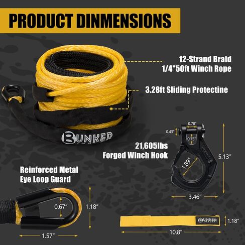 Bunker INDUST طقم حبل ونش صناعي مقاس 1/4 بوصة × 50 بوصة، خط ونش 11023 رطل مع كم واقي + خطاف ونش مزورة + حزام، استبدال كابل ونش نايلون لـ 3500-6000 رطل ونش على الطرق الوعرة ATV UTV in Kuwait