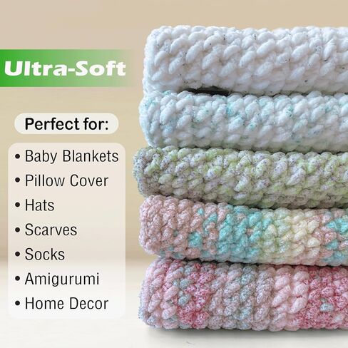 Super Soft Velvet Chenille Yarn for Crocheting and Knitting-Easy to Crochet-Bulky, 3.5oz/93yds of Each Skein-Chunky Plush Yarn for Hand Craft Blanket Ammigurumi DIY (Pastel Rainbow, 3 Pack) in Kuwait