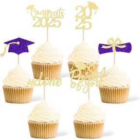 Gexolenu 36 pcs Class of 2025 Graduation Cupcake Toppers, Gold Glitter Double-Sided Grad Cap Cake Picks for Party Supplies, Decorations in Kuwait