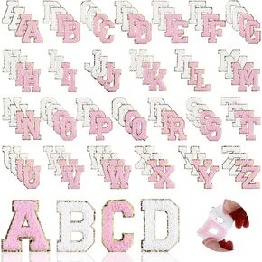 128 PCS Chenille Letters Patches Self Diskesive Varsity Letter Patches ، 4 Colors A-Z Iron on Letters for Clothing ، Chenille with Rainbow Hearts Flower