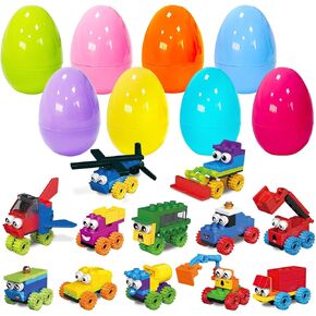 PARSUP 12 Pack Easter Plastic Eggs with Car Building Blocks for Easter Theme Party Favors, Supplies for Easter Egg Hunt, Basket Stuffers/Fillers, Classroom Prize Supplies Toddler Boys Girls