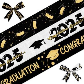 3 Pieces Graduation Decor Ribbons 5 Yards, Congrat Words 2025 Graduation Ribbons Gold White Black Congratulations Ribbon for Graduations Day Gift Wrapping Party Decoration Crafts Supplies