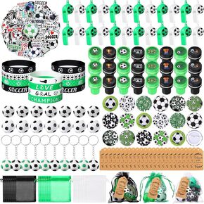 Aoriher 266 PCS Soccer Party Party Favors Party Supplies Gifts مجموعة ملصقات كرة الإجهاد صافرة محو سوار سلسلة المفاتيح شارات أكياس أورجانية شكرًا لك على العلامات
