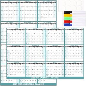 Dry Erase Calendar 2025-2026 - Large Yearly Calendar for Wall, 32'' x 48'' Laminated Erasable Calendars 2025-2026 with Large Blocks, Horizontal/Vertical, Great for Office, School, Home, July 2025-June 2026
