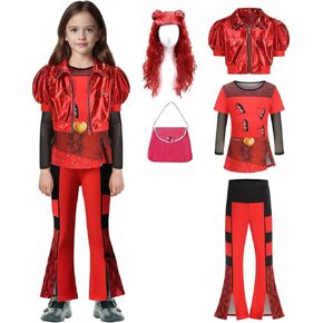 Rise of Red Costume for Kids ، Girls 5pcs مجموعة أزياء حمراء ، يشمل الأزياء الحمراء قميص سراويل جرس بيل القاع