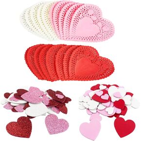 QINGQIU Valentines Day Crafts Set with 100 Heart Doilies, 4 Bags Foam Heart Stickers for Valentines Day Decor Kids Decoration Gifts Party Supplies