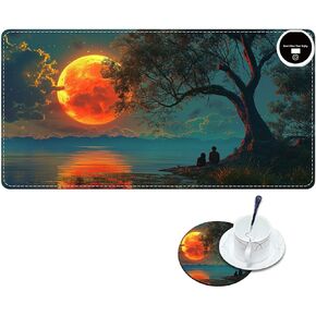 Heated Mouse Pad with 6 Heating Levels, Warm Desk Mats with Coasters, 31.5" x 13" Computer Keyboard Mouse Mat Non-Slip Desk Mat Hand Warmer for Work Game Players Office, Moon Tree