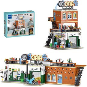 2 in 1 Automotive Car Repair Shop Building Block Toy Set, City House Model Kit with LED Light Bricks for Adults and Childrens Gift (1637 pcs)