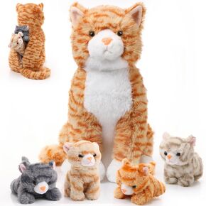 Hydren 5 PCS Easter Cat محشوة حيوان مع 4 قططات ، 13.78 بوصة قطة الأم الفخمة الكبيرة مع الأطفال في الداخل في حقيبة سستة ، Ragdoll Cat محشو هدايا محددة لحفلة عيد ميلاد بوي فتاة (رمادي)