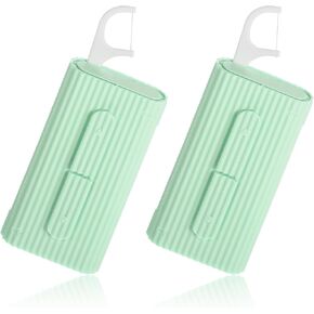 2 Case Portable Dental Floss Dispenser with Adult Flosser Sticks 20 Count, Travel Floss Case for Cleaning Teeth and Oral Care, Refillable Flossers Boxes for Dinners, Dating, Travel, Hotels (Green)