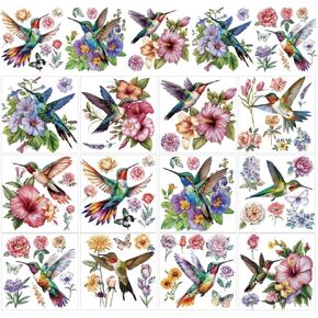 AHANDMAKER 12 Sheets Hummingbird and Flower Rub on Transfers for Crafts, Birds Rub on Transfer Stickers, Flower Hummingbird Rub on Decals for Glass Wood Paper Furniture DIY Home Decor, 5.5x5.5"