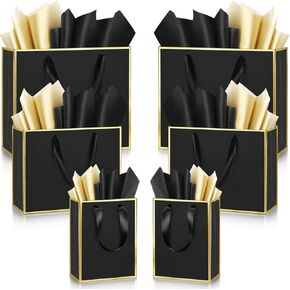 Yeaqee 12 Sets Metallic Paper Gift Bags with Handle Tissue Paper Include 8", 10" and 13" Thank You 5 Senses Gift Bags for Him Her Graduation Wedding Bridal Baby Shower Groomsmen Favor(Navy Blue, Gold)