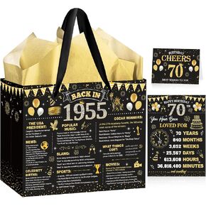 EoBeCy 60th Birthday Gift Bags for Men Women, Back in 1965 Gift Bag with Tissue Paper, Poster and Greeting Card, Black Gold Wrapping Paper for 60 Year Old Birthday Decorations