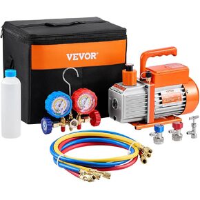 VEVOR 4 CFM AC Vacuum Pump and Gauge Set, Not only for R134a but Also R32 R1234yf Systems, 1-Stage Rotary Vane HVAC Air Vacuum Pump Refrigerant Kit Manifold Gauge Set, Incl. R410a Adapter