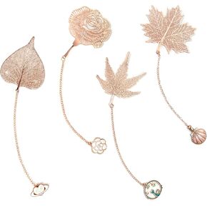 4 Pcs Metal Bookmarks with Pendent Chain Hollow Metal Bookmarks for Reading Women, Books Lovers, Women, Men, Book Lover Gift Unique Bookmark (Rose Gold)
