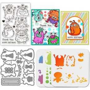 GLOBLELAND Monsters Birthday Label Clear Stamps Metal Birthday Supplies Cutting Die Cuts Layering Lovely Monsters PET Paint Craft Stencils for Card Making DIY Embossing Scrapbooking Craft