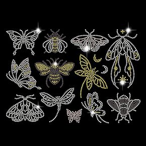 الحديد الفراشة حجر الراين على نقل حرارة النحل الكريستال حرارة النحل A4 الحجم العثة Dragonfly Crystal Transfer Tenrase Bling Hotfix Transfer Datals for Diy Clothing Shoe Bag Bag