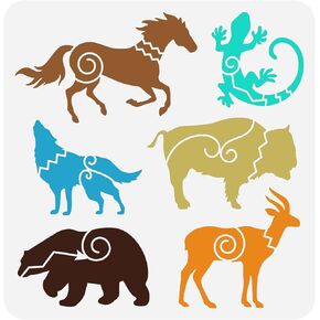 FINGERINSPIRE Southwest Animal Stencil 11.8x11.8inch Reusable Horse Lizard Wolf Bear Bison Goat Drawing Stencil DIY Art Animal Decoration Template for Painting on Wood, Wall and Furniture