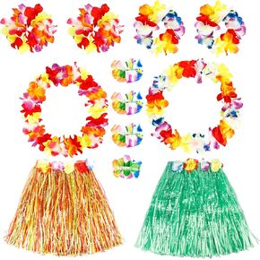 14 Pieces Girl's Hawaiian Hula Grass Skirt with Flowers Costume Set Flower Bracelet Hair Clip Kids Hawaiian Outfit for Luau Tropical Beach Party