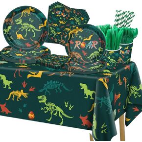 161 Pcs Dinosaur Birthday Decorations - Dino Party Decor Including Dinosaur Plates and Napkins, Cups, Dino Tablecloth for Boys Kids Birthday Dinosaur Party Supplies, Serve 20 Guests